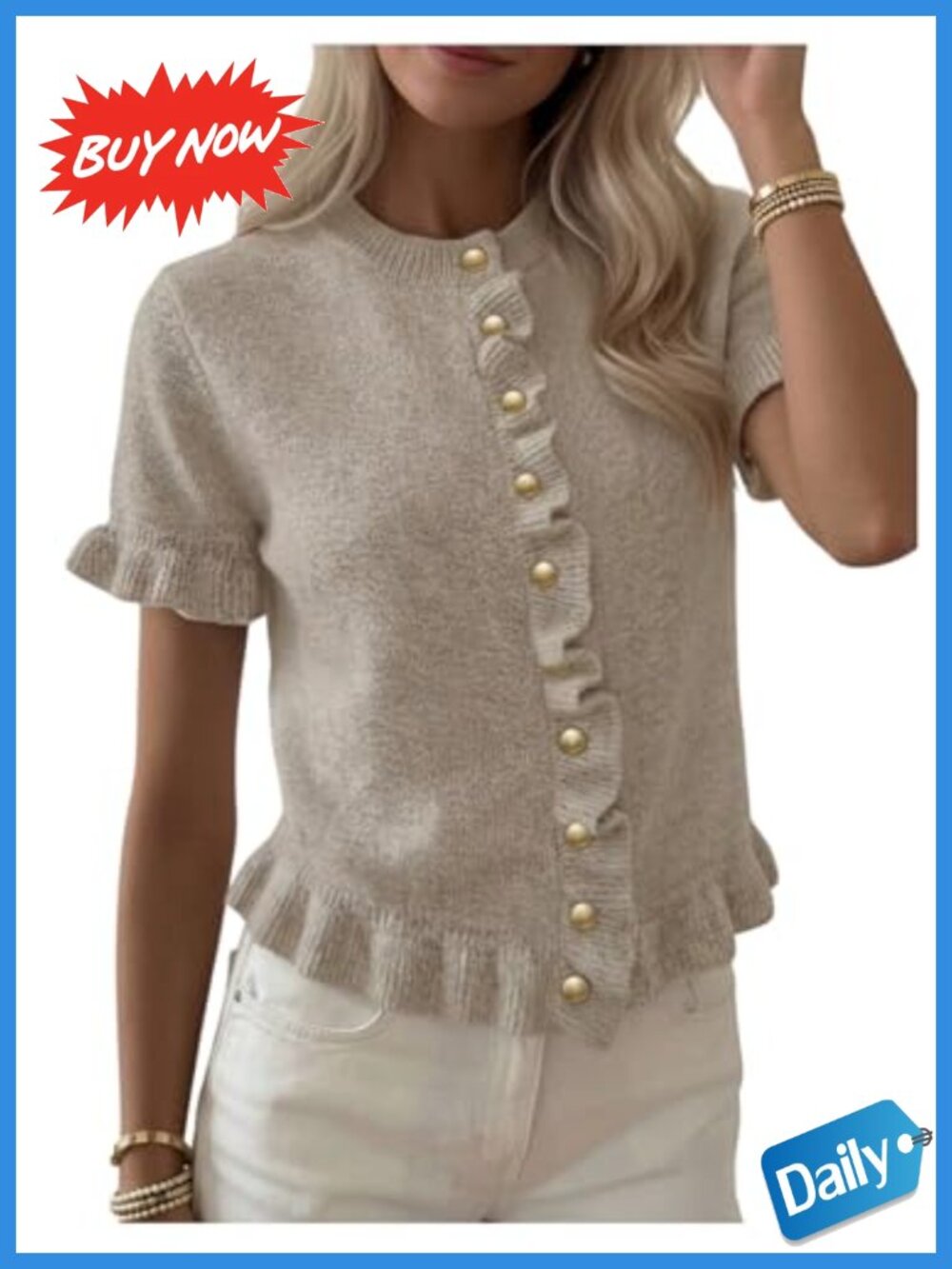 Womens Short Sleeve Button Up Cardigan Ruffle Knit Sweater Top Office